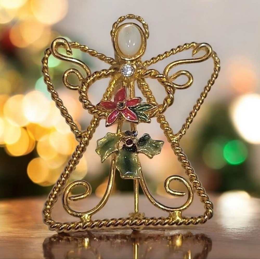 Vtg Gold Tone Mother of pearl enamel Rhinestone Christmas angel Broach Pin